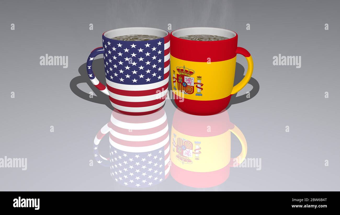 United States Of America And Spain placed on a cup of hot coffee mirrored on the floor in a 3D illustration with realistic Stock Photo