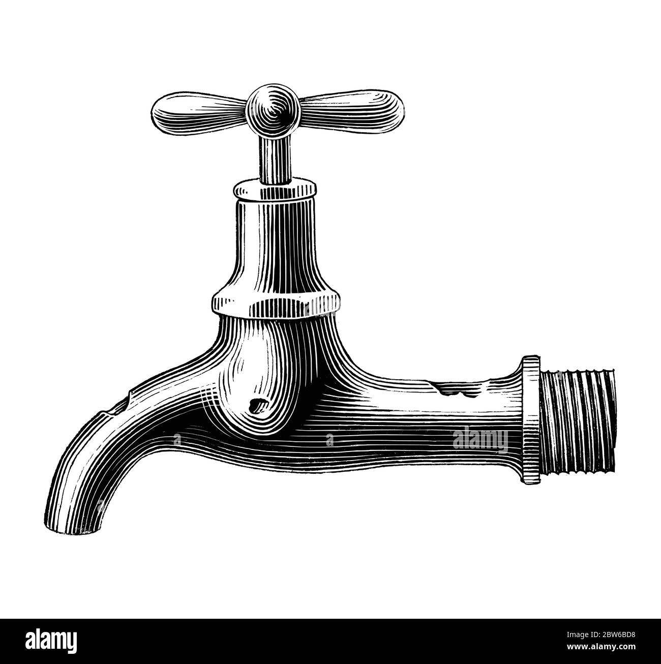 Vintage water tap hand drawing engraving illustration black and white clip art isolated on white background Stock Vector