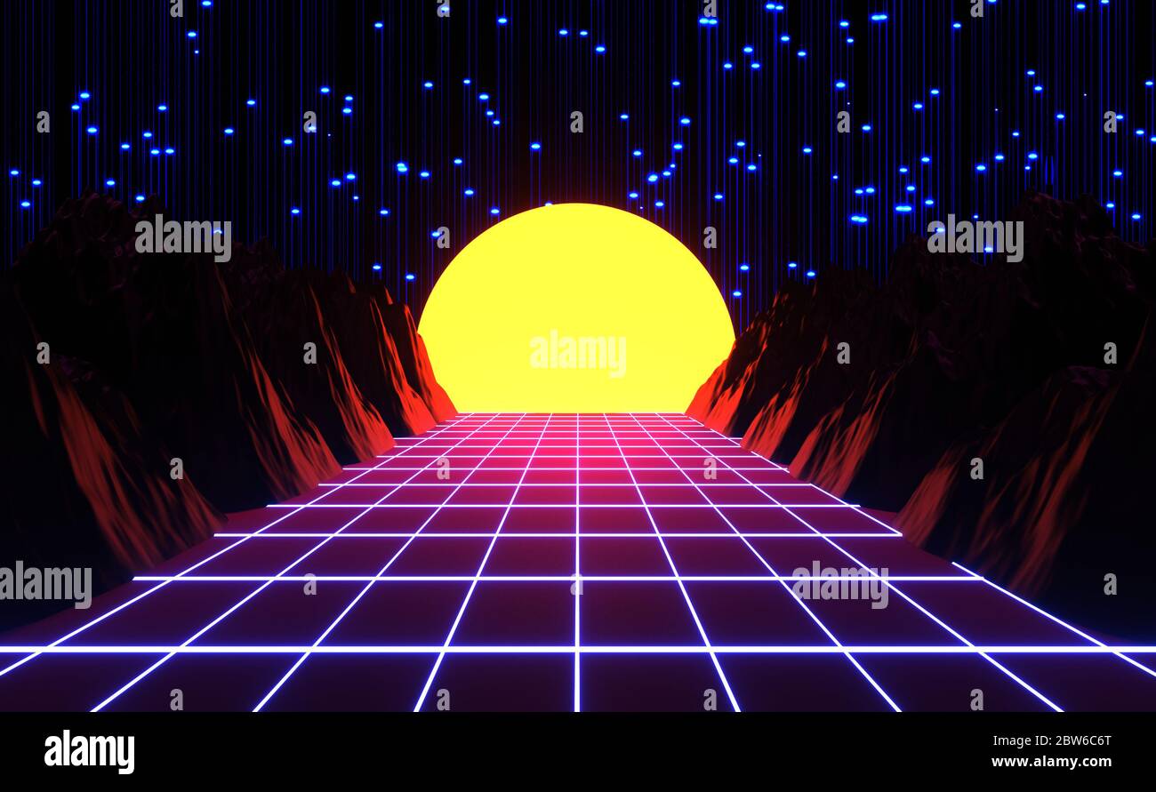 Neon 80s styled , vintage  retro game and music landscape , lights and mountains 3d rendering Stock Photo