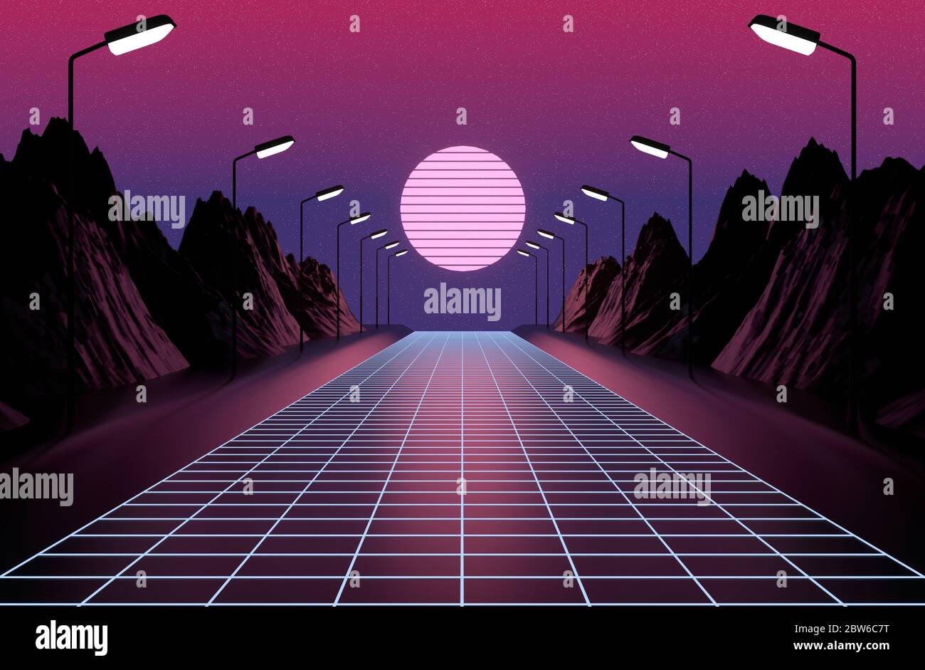 Neon 80s styled , vintage  retro game landscape , lights and mountains 3d rendering Stock Photo