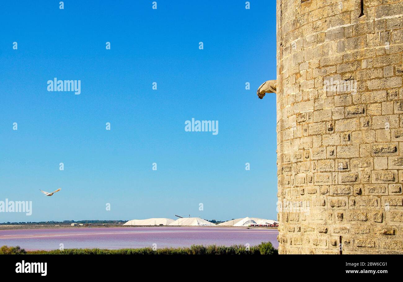 Camargue: Blick von der Stadtmauer der Altstadt von Aigues-Morte auf die Saline du Midi (Salzgewinnung) Stock Photo
