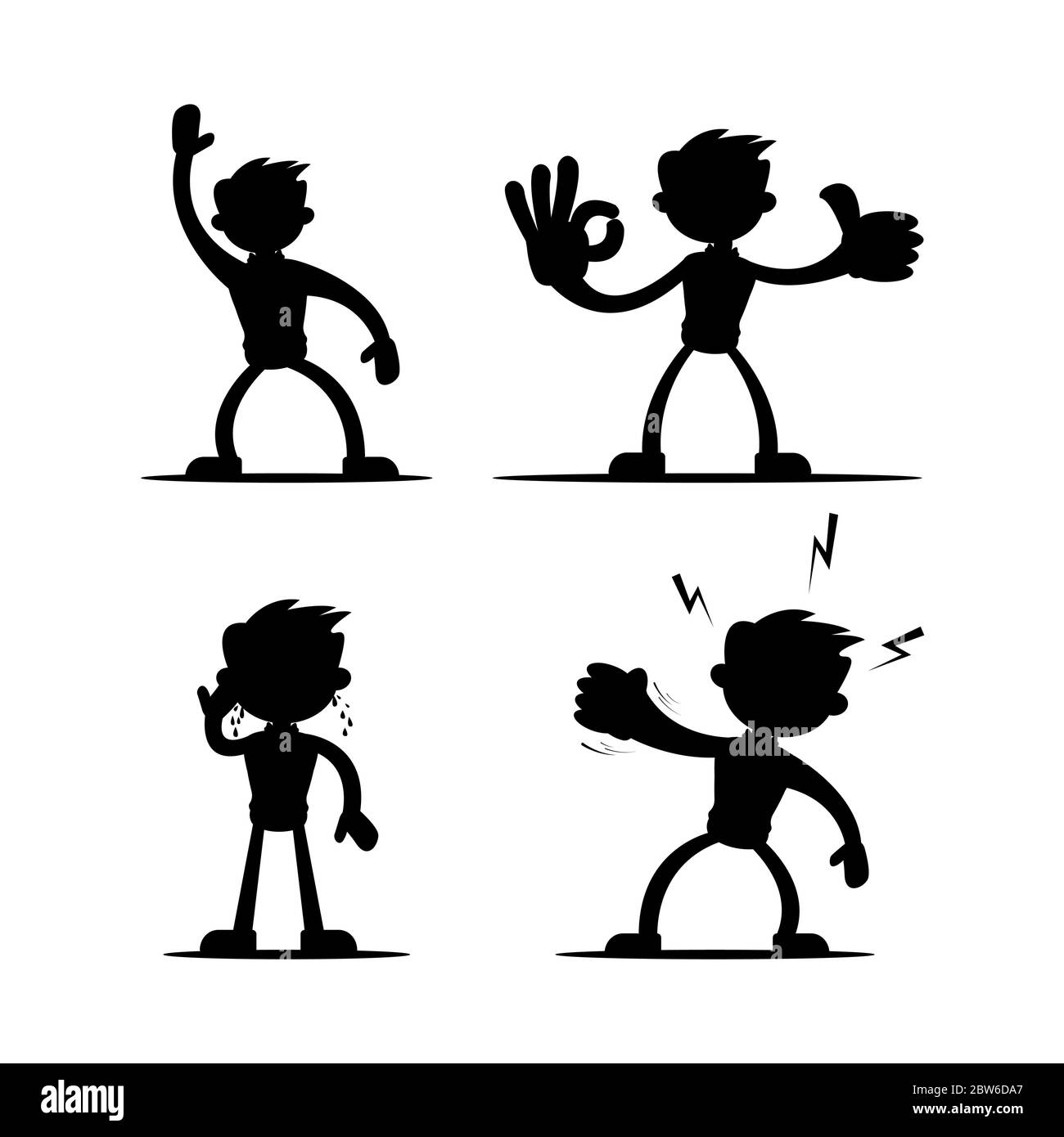 Set of four vector illustrations of silhouettes of boy cartoon character in various gestures in black isolated on white color background. Vol 2. Stock Vector