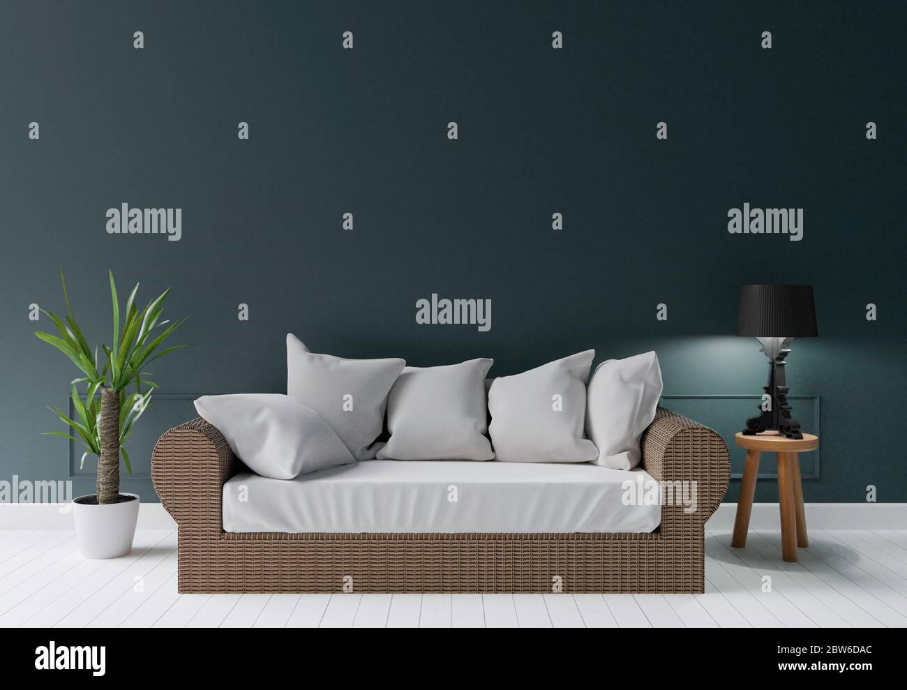 dark green modern living room with summer sofa lamp and little tree ,3d