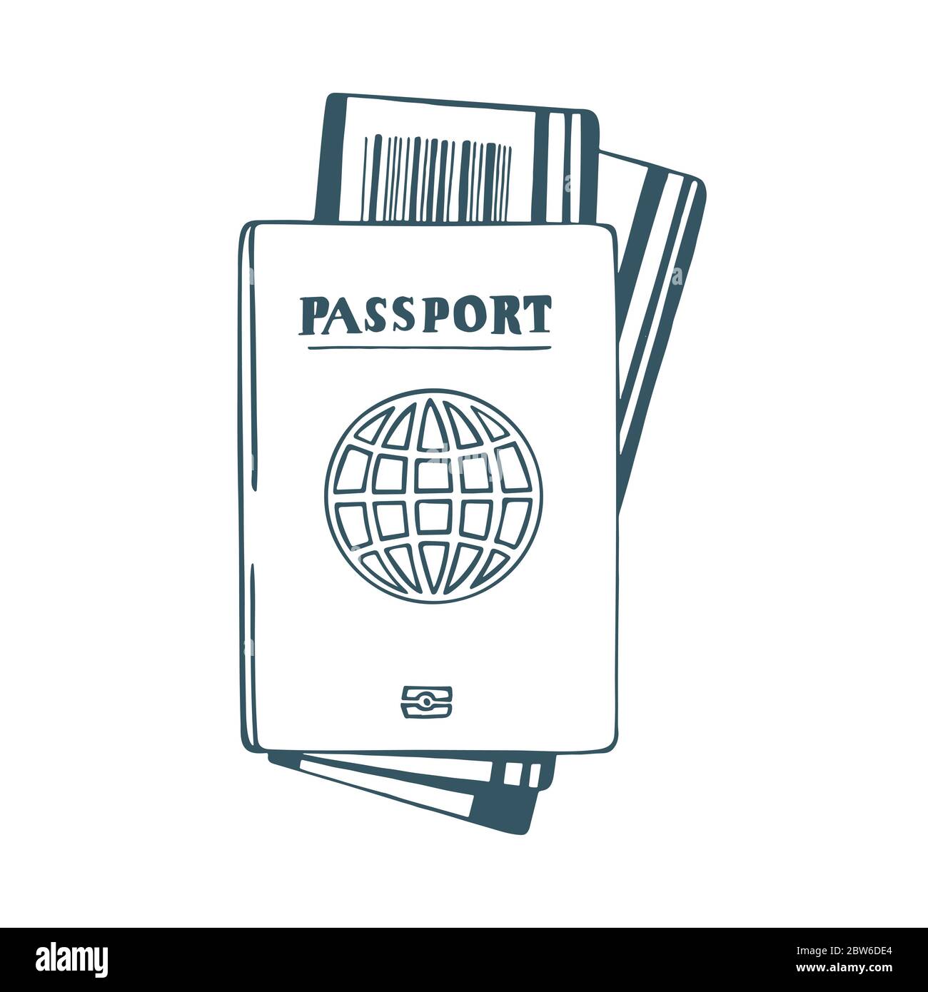 Passport and tickets hand drawn vector illustration. Travel concept sketch drawing. Part of set. Stock Vector