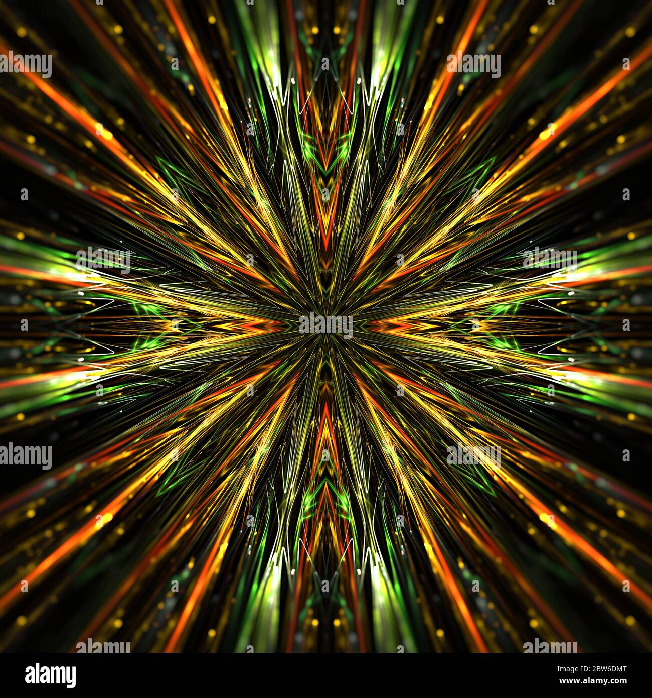 Symmetrical explosion of futuristic tribal patterns, green, yellow and orange colored Stock Photo