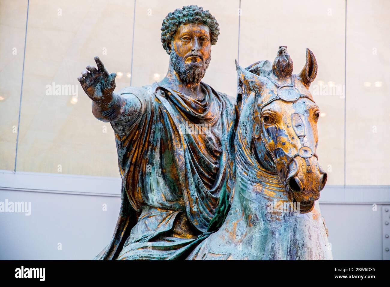 Gilded bronze equestrian statue of Marcus Aurelius in the Capitoline Museum in Rome Italy Stock Photo