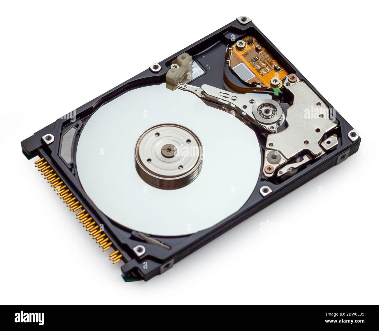 Opened laptop hard disk, isolated on white background Stock Photo