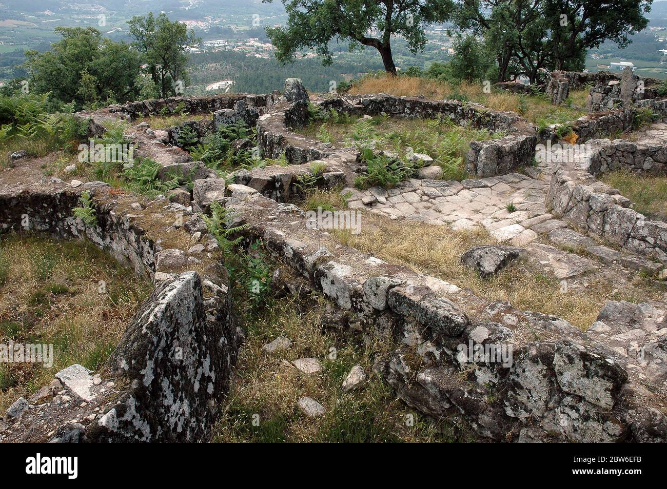 The lattice grid of walls that divide the structures at Citania de Briteiros archaeological site of the Castro culture showing house ruins and stone paving located in Guimaraes northern Portugal Stock Photo