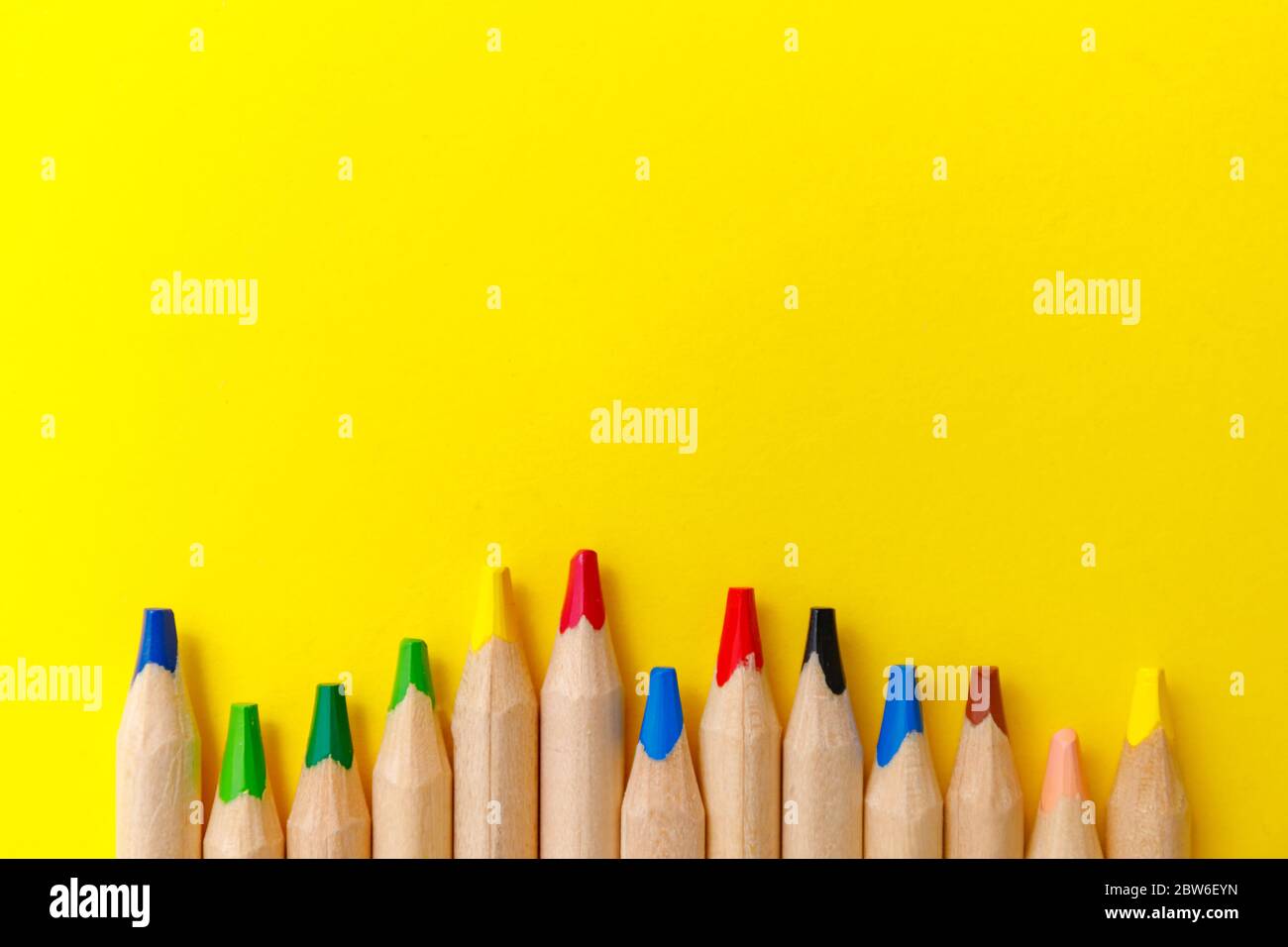 Line art image with yellow colourful pencils on yellow background for