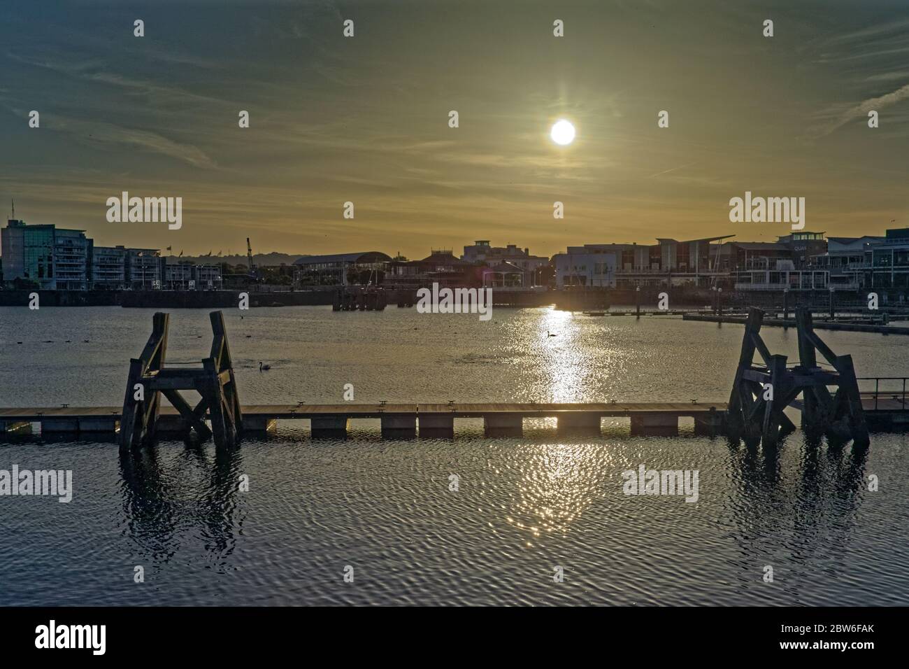 The sun sets over Cardiff Bay Stock Photo