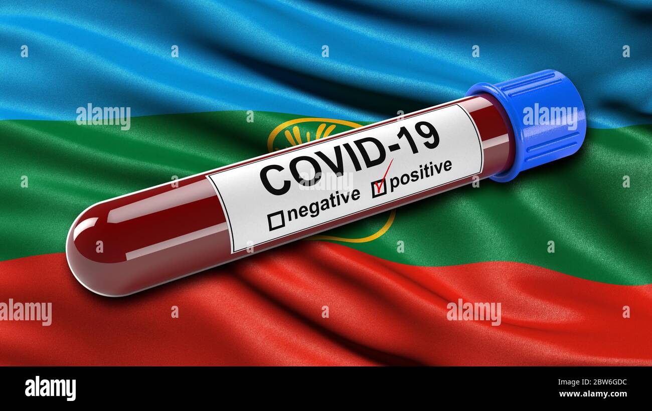 Flag of the Karachay-Cherkess Republic waving in the wind with a positive Covid-19 blood test tube. Stock Photo