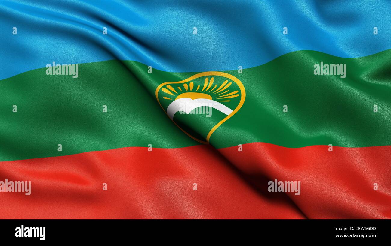 Flag of the Karachay-Cherkess Republic waving in the wind. 3D illustration. Stock Photo