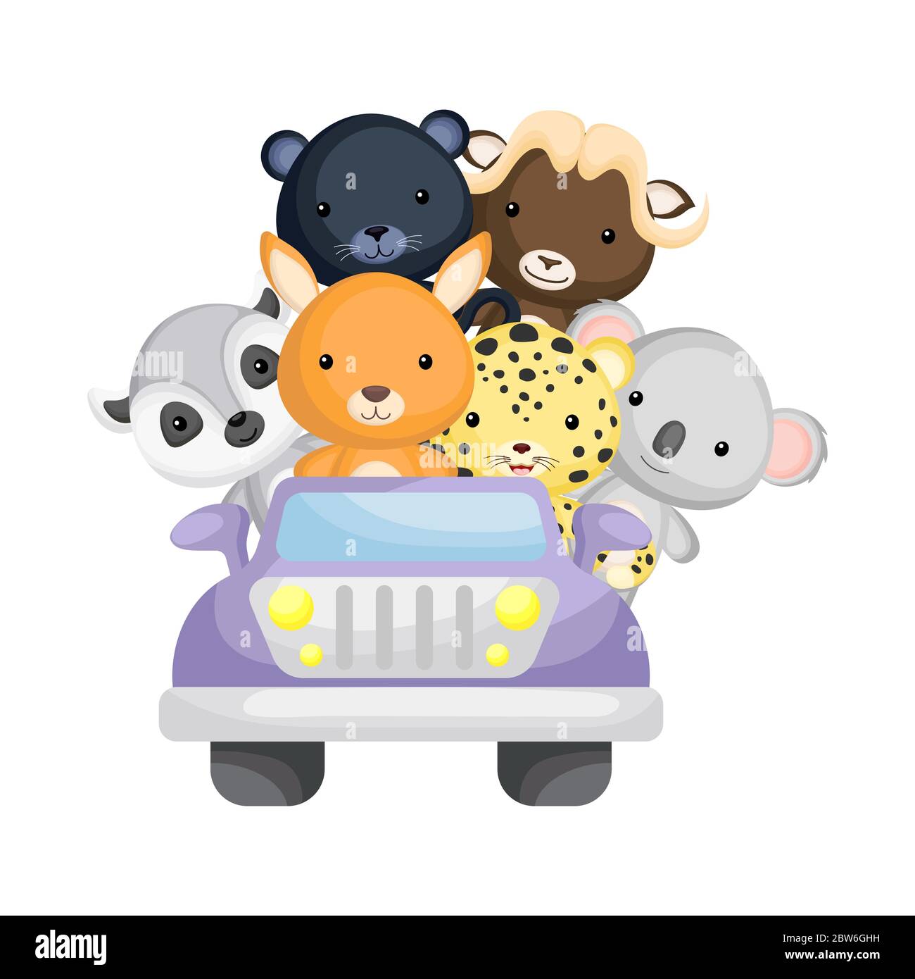 Cute kangaroo, jaguar, koala, lemur, panther, muskox travel in car. Graphic element for childrens book, album, postcard, mobile game. Zoo theme. Stock Vector