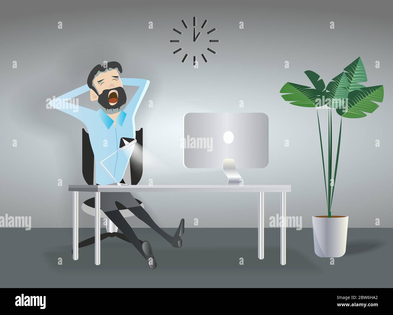 Business man sitting desktop computer, flat vector illustration. Stock Vector