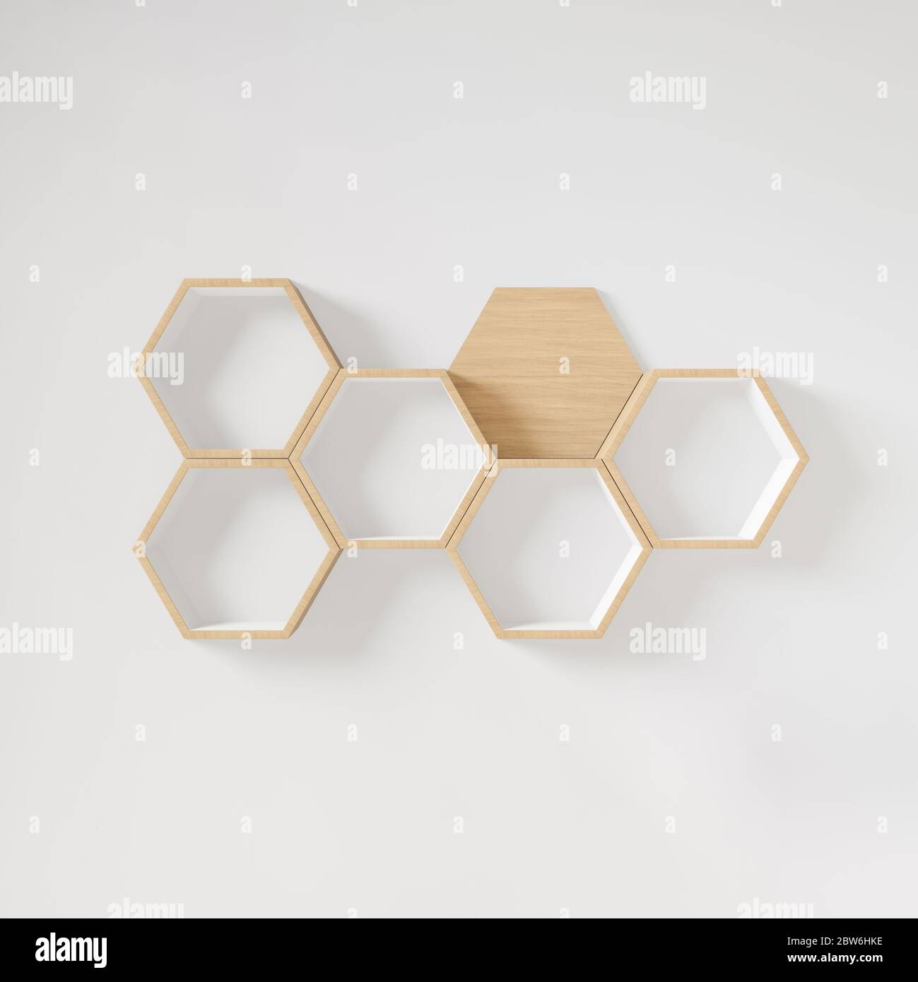 Hexagon shelf books for mock up of copy space, wooden hexegon Stock