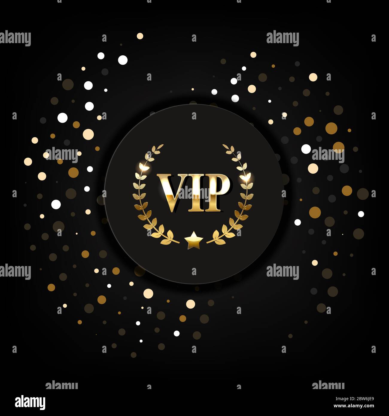 Vip golden label with laurel wreath and sunburst rays on a black background. Premium design. Luxury template design. Stock Vector