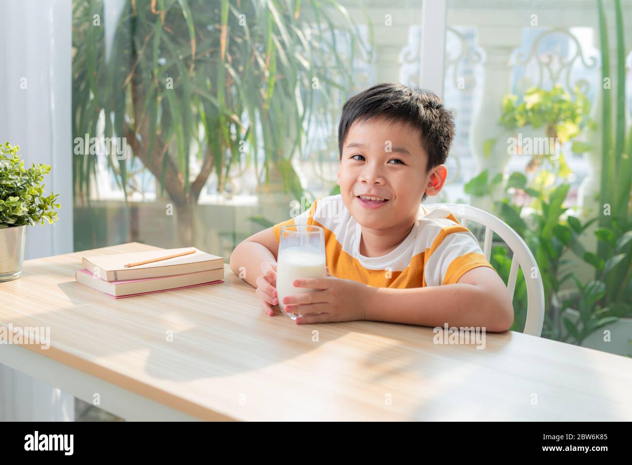 Smart school boy sitting at the table with many books Concept of education Stock Photo Alamy