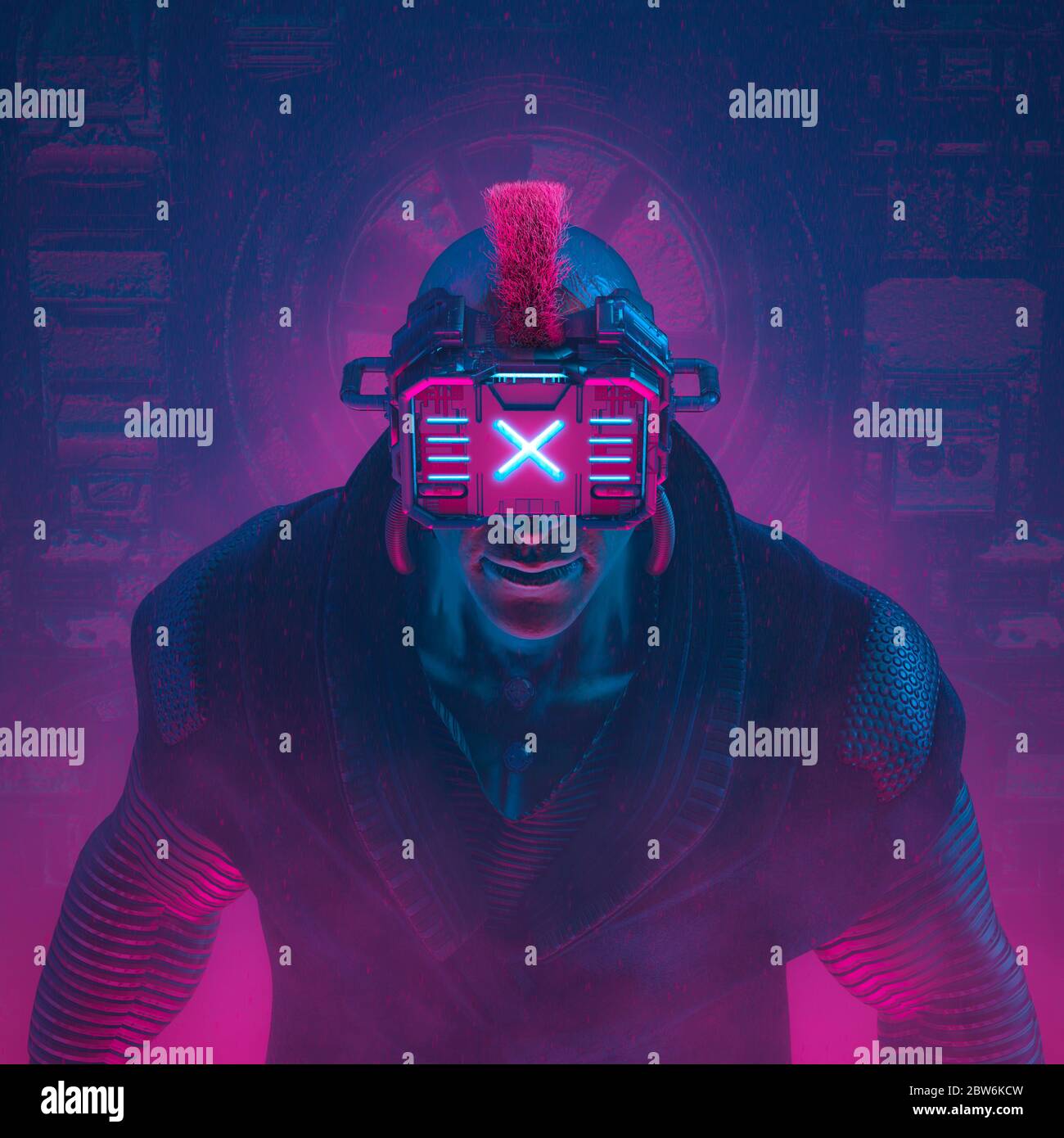 Cyberware hacker boss / 3D illustration of science fiction cyberpunk gangster character wearing futuristic glasses Stock Photo