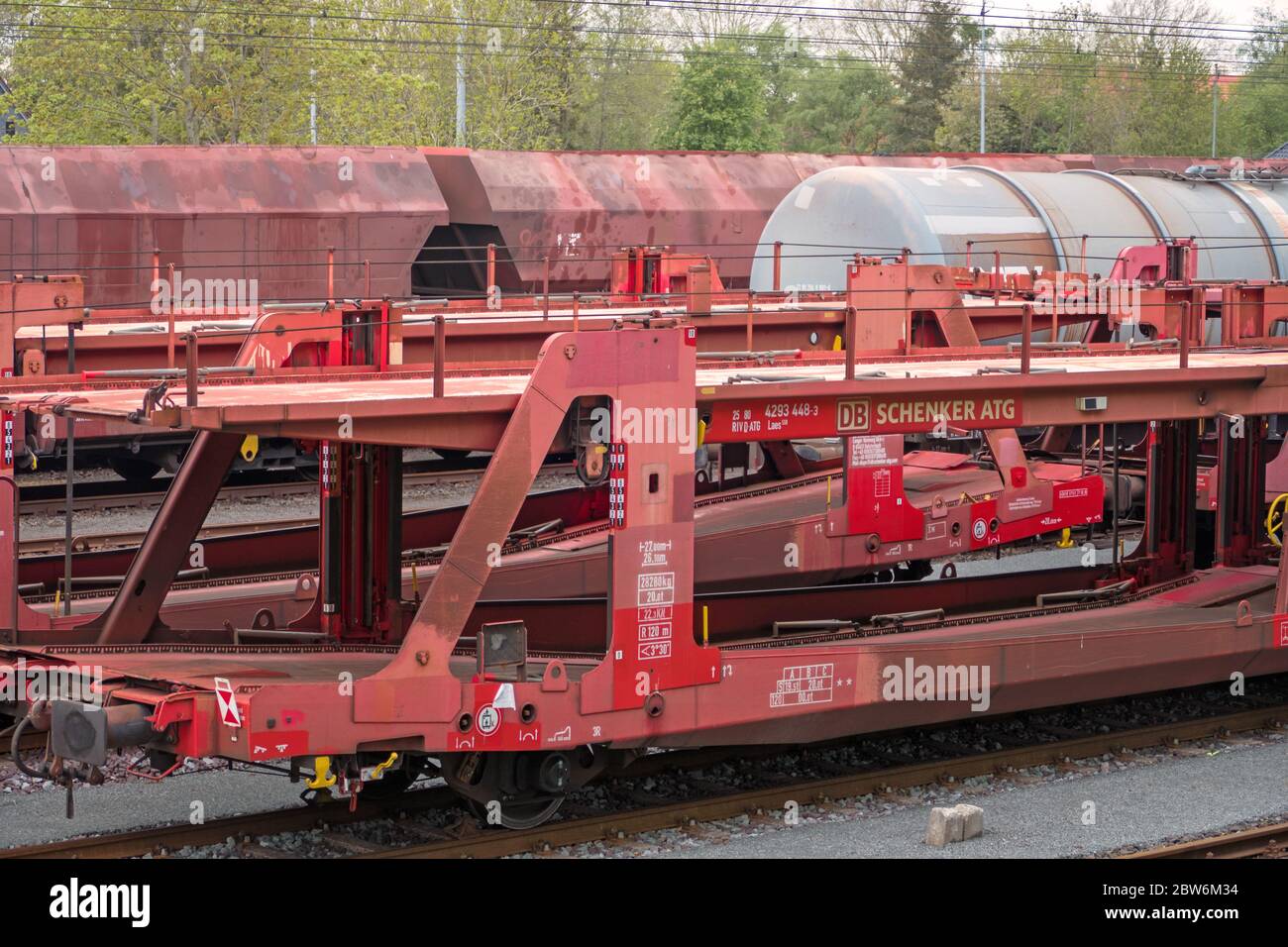 NORDENHAM, GERMANY - May 03, 2020: Empty waggon of Schenker DB Autozug is waiting to be loaded with new cars on port of Nordenham in lower saxony Stock Photo