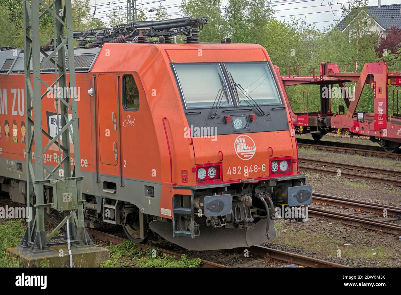 NORDENHAM, GERMANY - May 03, 2020: Locomotive for car transport is waiting for being loaded at port of Nordenham, lower saxony Stock Photo