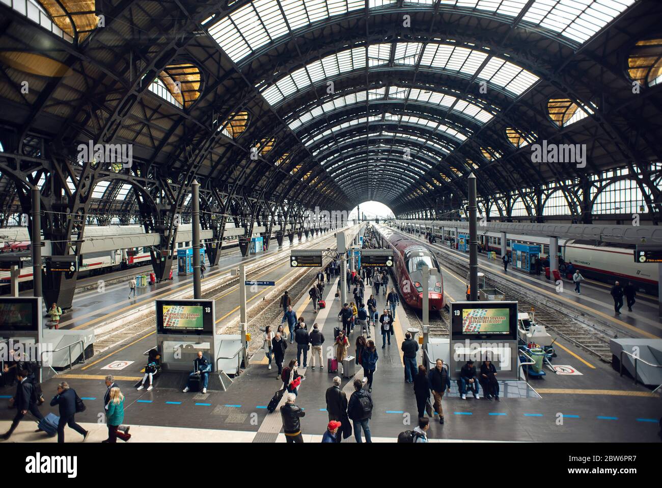 Milan. Italy - May 21, 2019: Milan Central Station Interior View. Modern High Speed Train at Railway of Station. Stock Photo