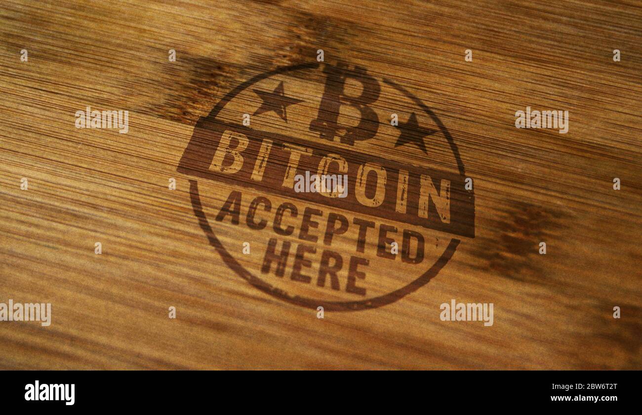 Bitcoin accepted here stamp printed on cardboard box. Cryptocurrency  mining, blockchain, cyber finance and virtual money payment concept Stock  Photo - Alamy