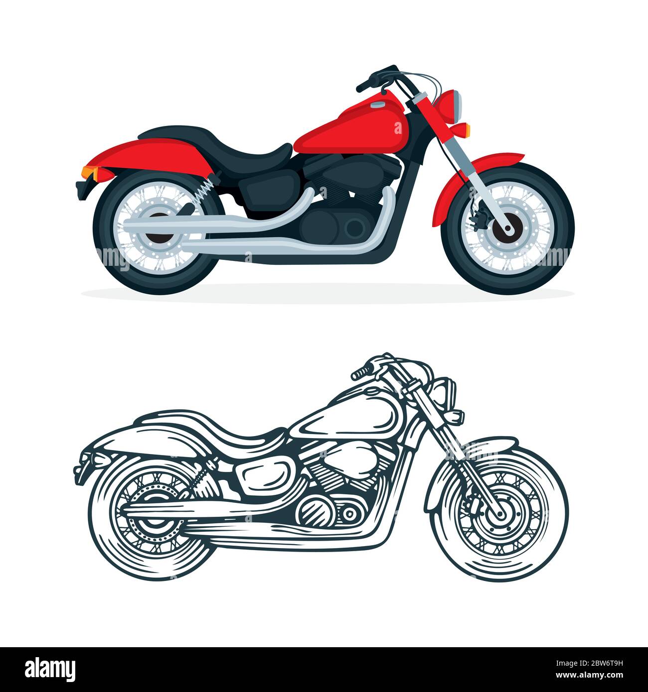 Motorcycle vector realistic and hand drawn illustrations set. Motorbike on a white background. Vintage chopper motorcycle. Stock Vector