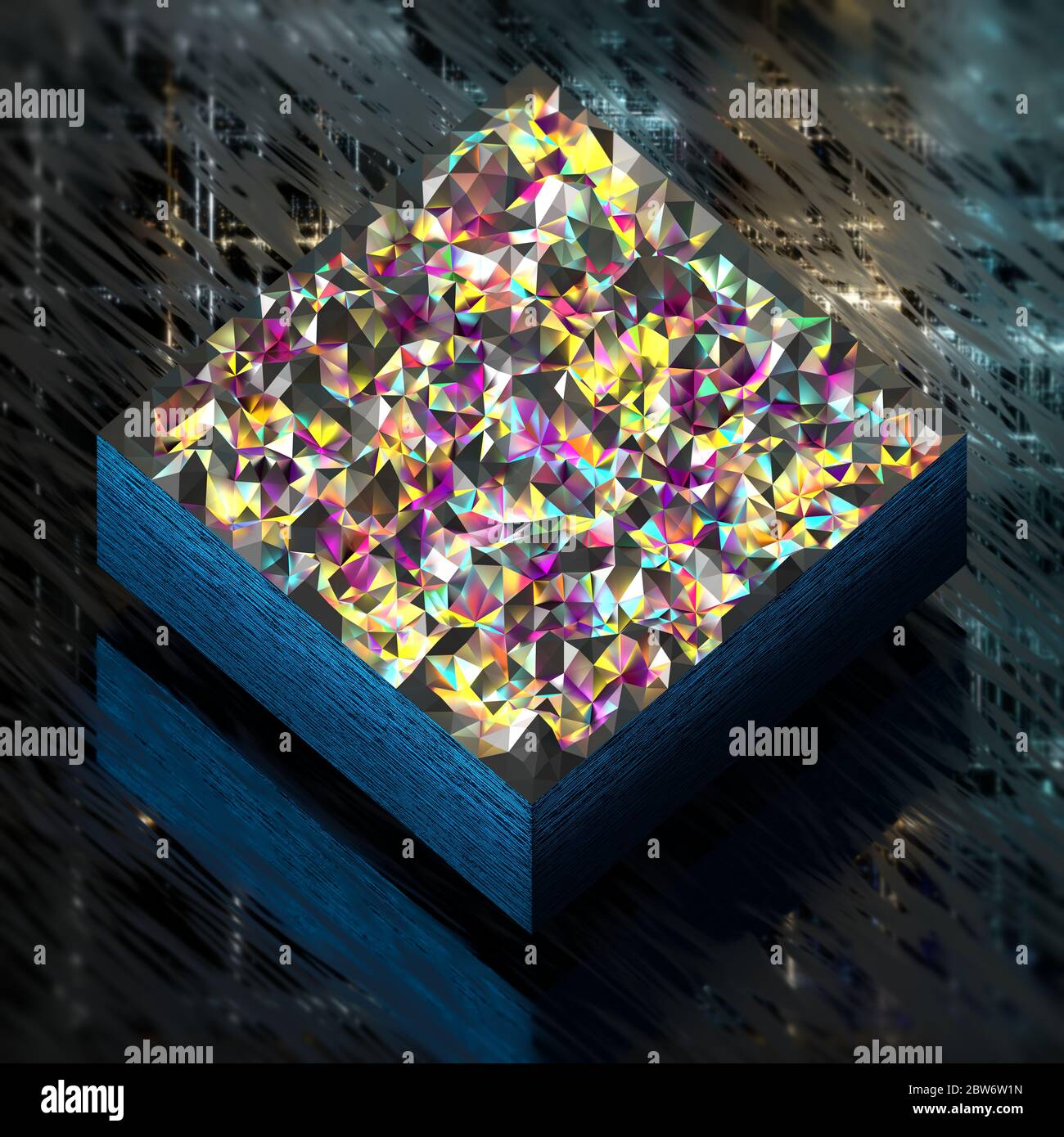 Decorative and abstract 3d square made of colored low polygons, floating on a dark and grunge surface with depth of field Stock Photo