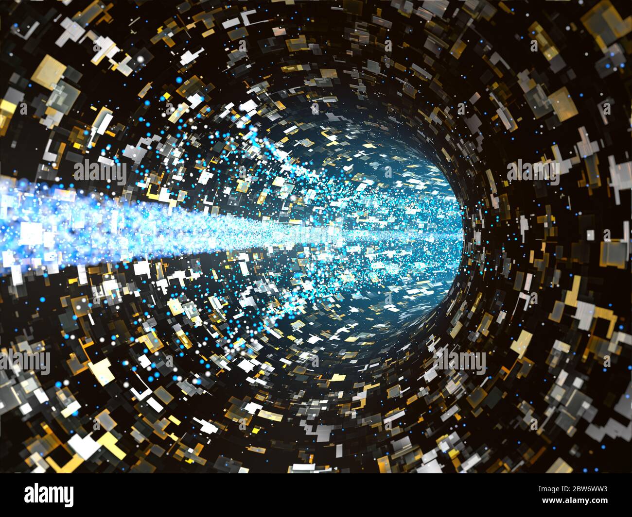 Futuristic computer transmission inside a virtual network, made of small colored squared cells and moving particles Stock Photo