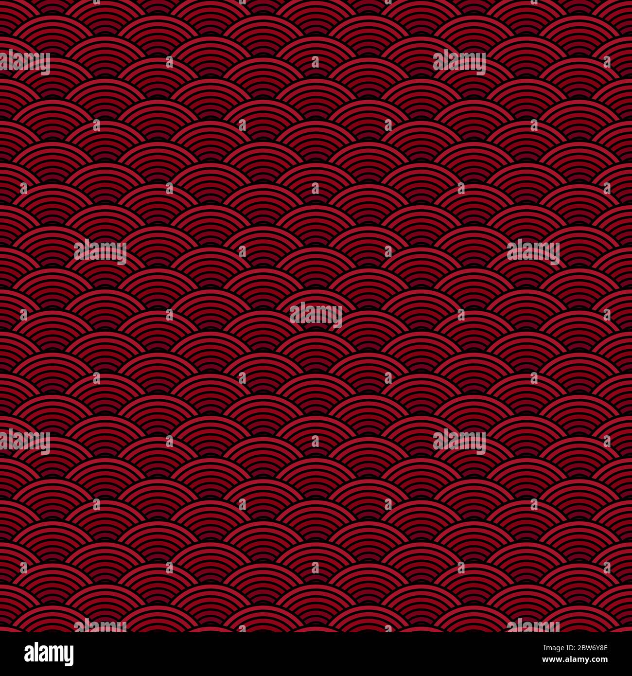 Wave red pattern. Seamless sea pattern, abstract asian background. Fish print with circle Stock Vector