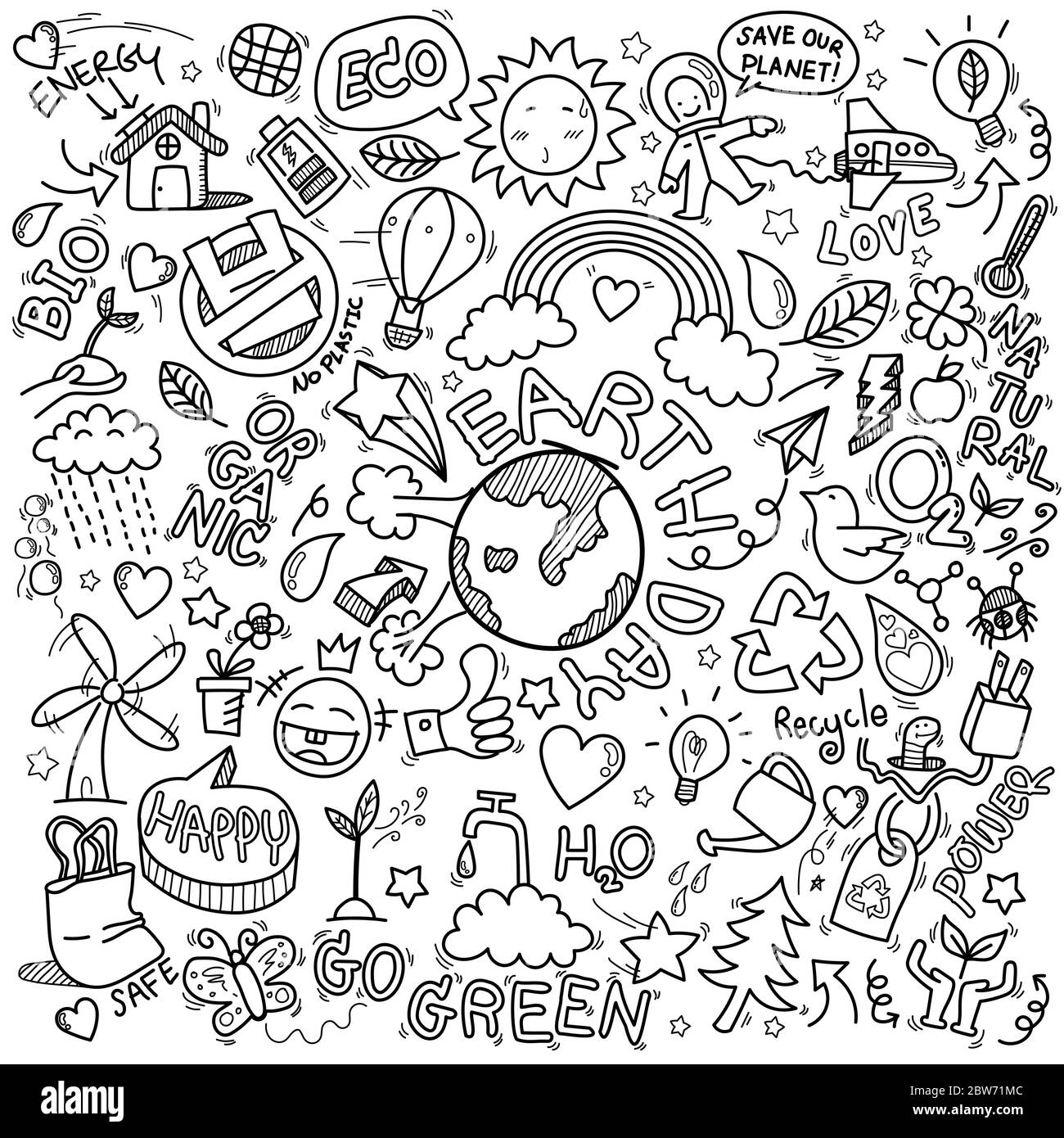 hand drawn of Earth day, Ecology , go green, clean power doodle set isolated on white background, doodles sketch illustration vector Stock Vector