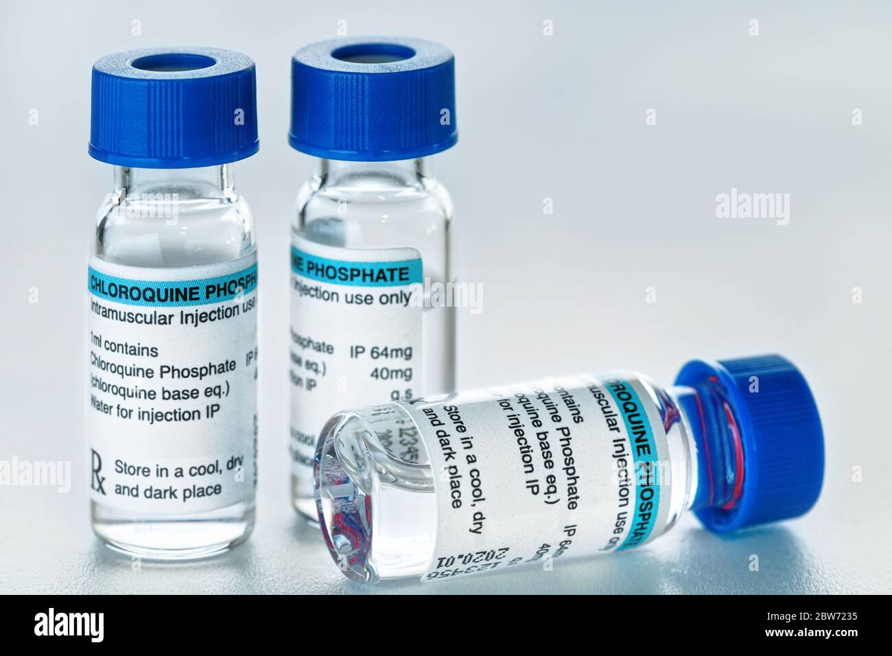 Chloroquine phosphate (generic name) drug in small injection bottles ...