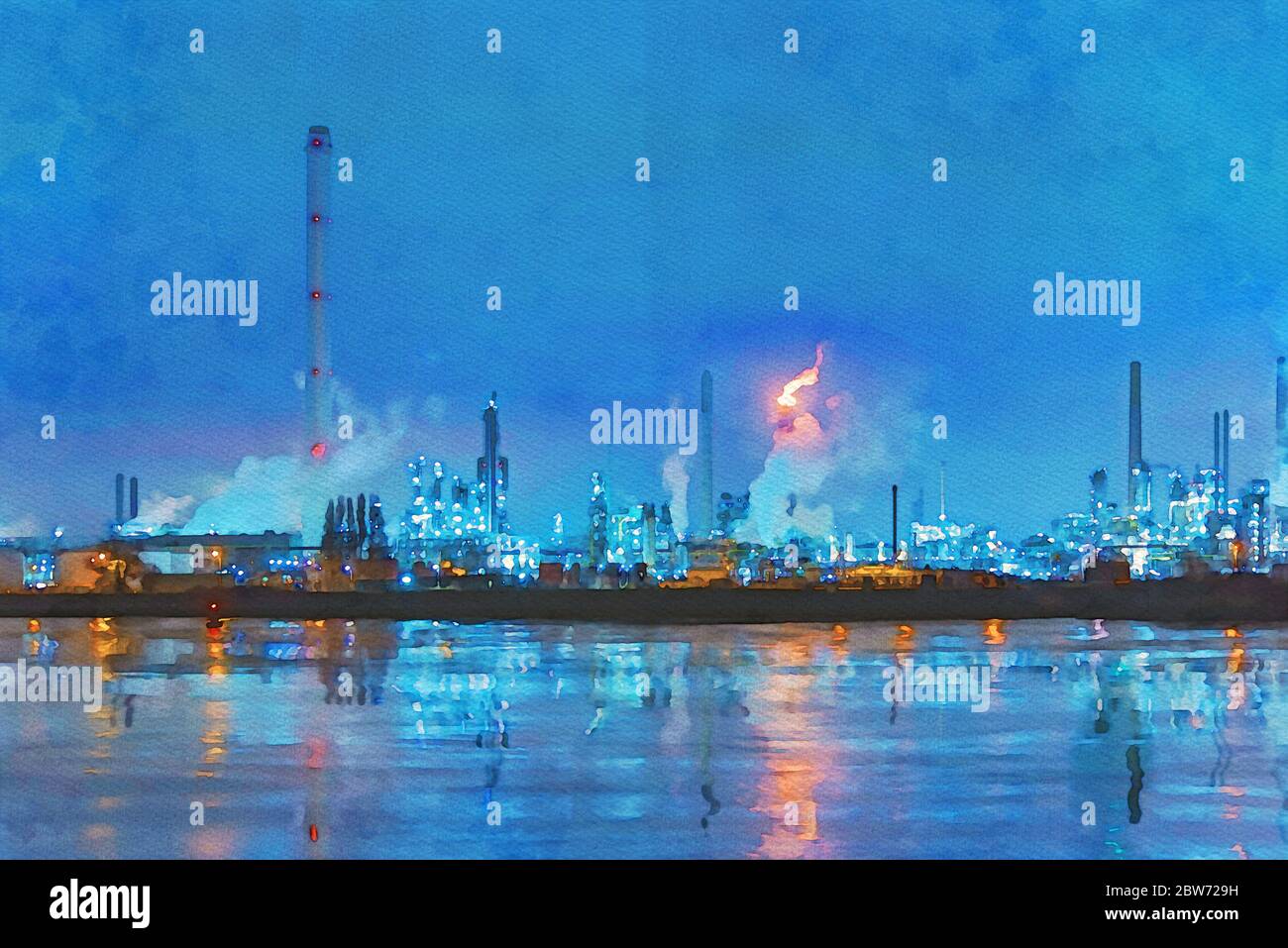 Digital watercolor painting of the refineries reflection and its chimney during the on fire sunset golden hour moment at Rotterdam, Netherlands Stock Photo