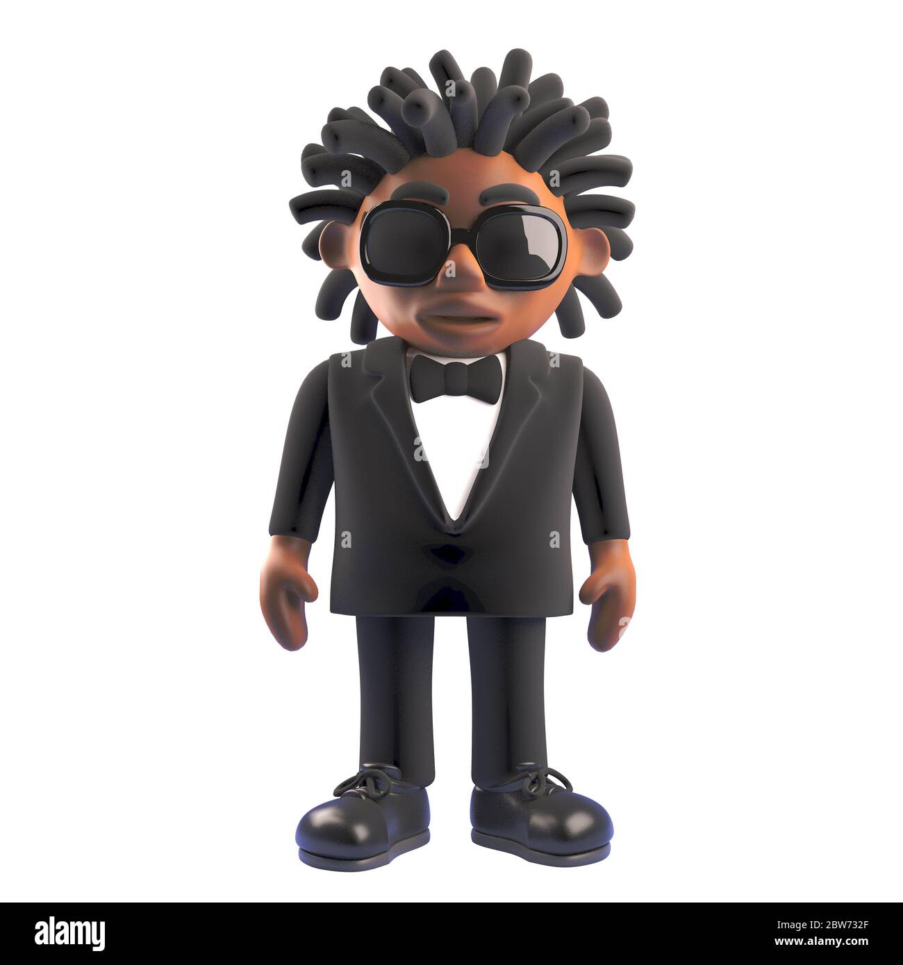 3d African American singer entertainer in tuxedo stands ready, 3d illustration Stock Photo