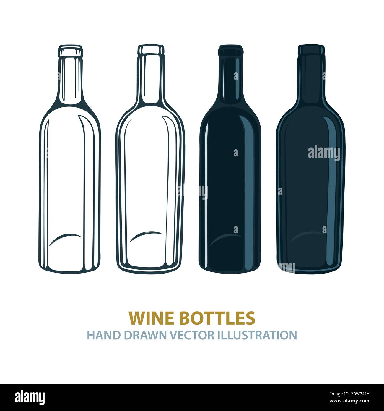 Wine bottles. Hand drawn simple wine bottles set. Wine bottles sketch