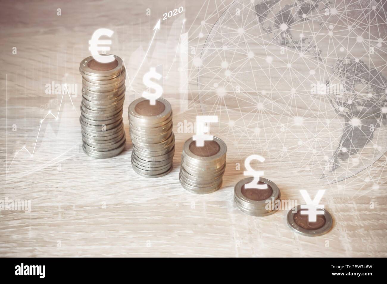 Money coin on each line rising, virtual hologram earth, statistics ...