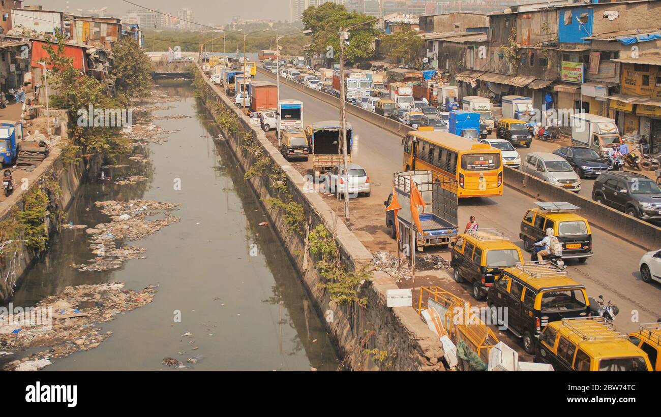 Mumbai, India - December 17, 2018: Dirty river in Dharavi slums. Mumbai. India. Stock Photo