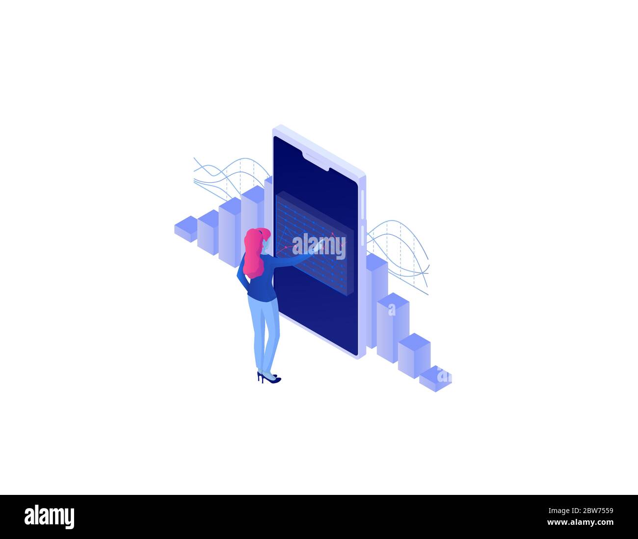 Analytics concept web isometric. Online technology analytical strategy seo date wave chart. Stock Vector