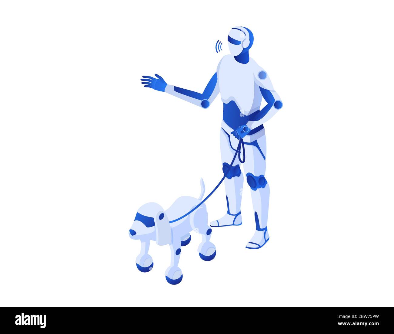 Robot walks robops isometric.. Robotic illustration humanoid white cyborg robopes help technologies future. Stock Vector