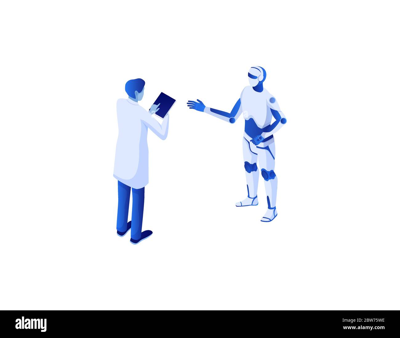 Web communication with scientific chat bot isometric concept. Online dialogue scientist with artificial intelligence. Stock Vector