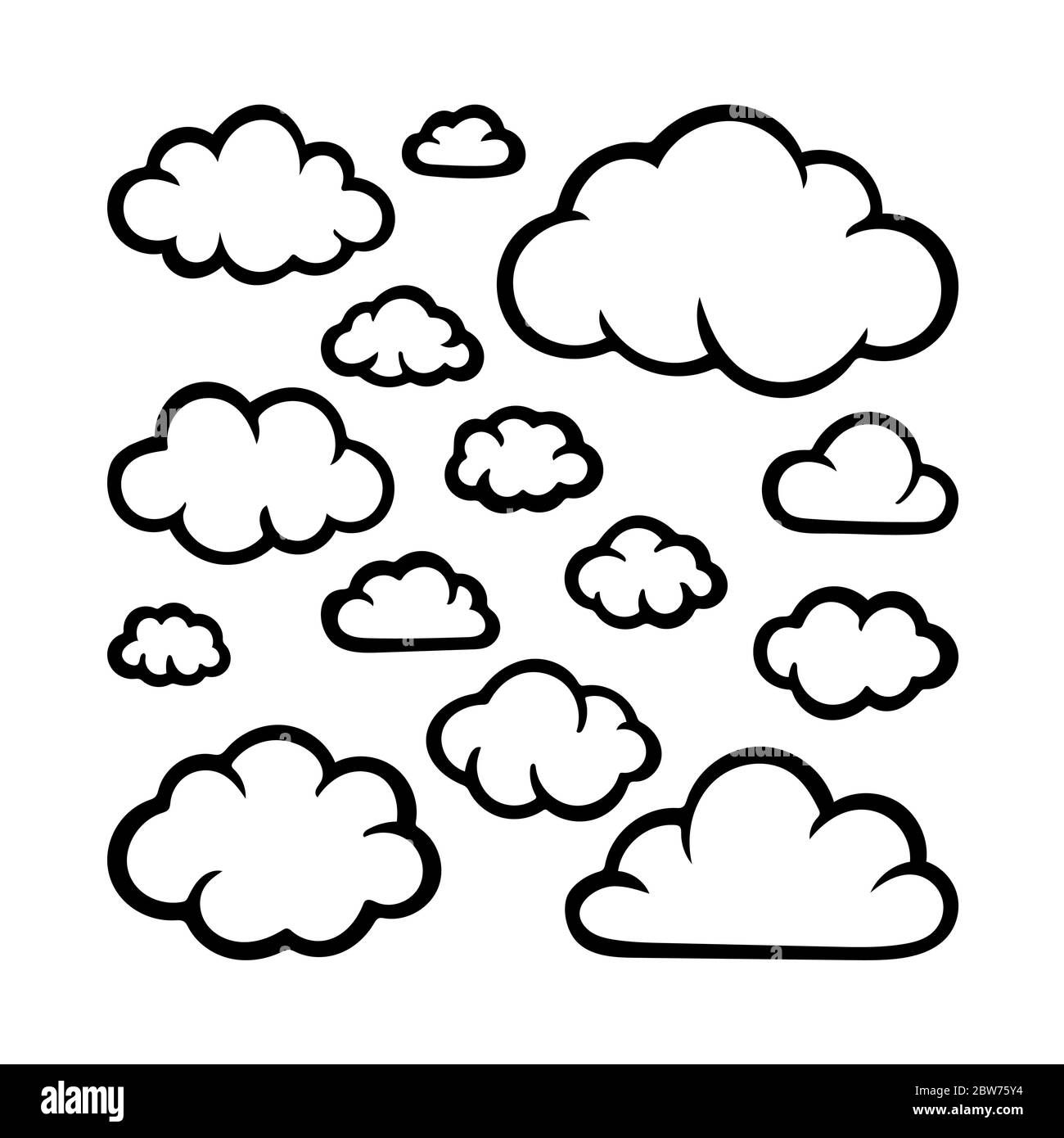 Clouds. Hand drawn clouds set illustration isolated on white background. Clouds sketch drawing. Cartoon style doodle clouds. Stock Vector