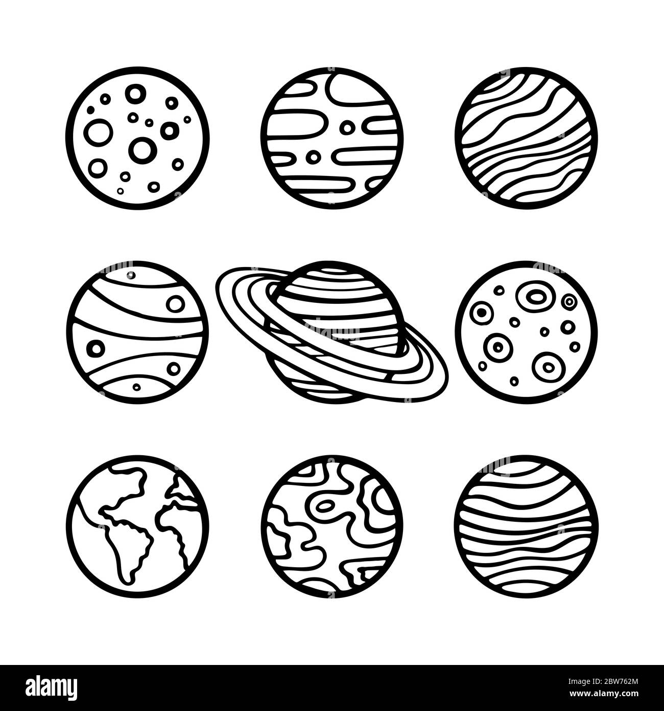 Planets and stars. Hand drawn planets and different shape stars vector illustration set. Planets sketch drawing. Doodle planets and stars. Part of set Stock Vector
