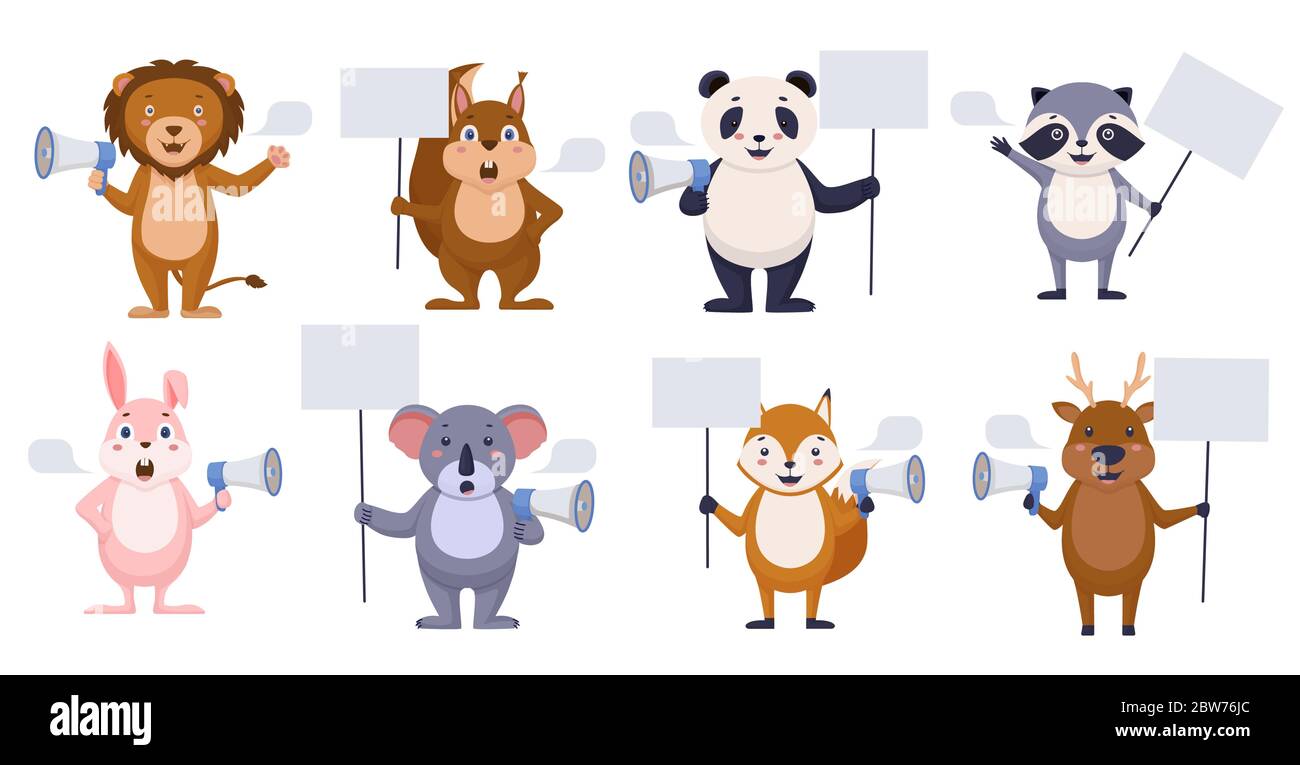 Promoters animals with blank banner. Happy cartoon animals with speech  bubble Stock Vector Image & Art - Alamy