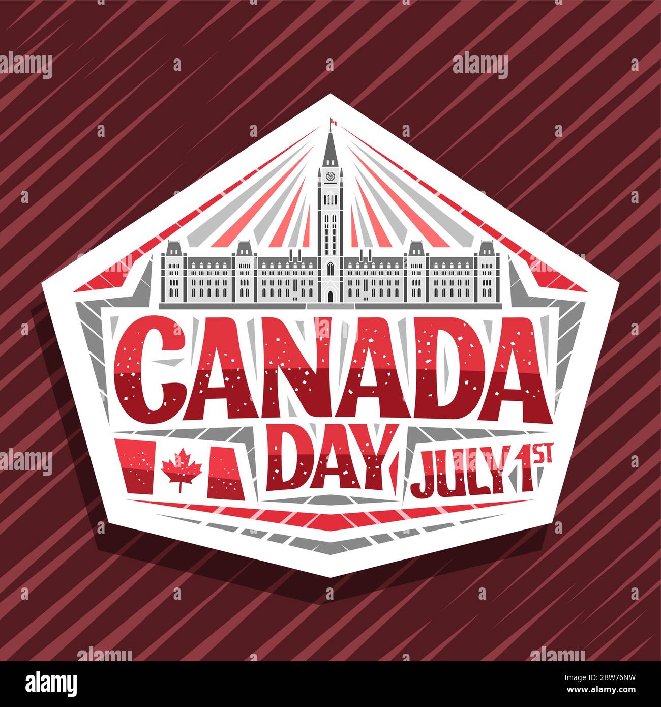 Vector logo for Canada Day, decorative cut paper stamp with illustration of Parliament Hill in Ottawa and Canadian flag, unique letters for words cana Stock Vector