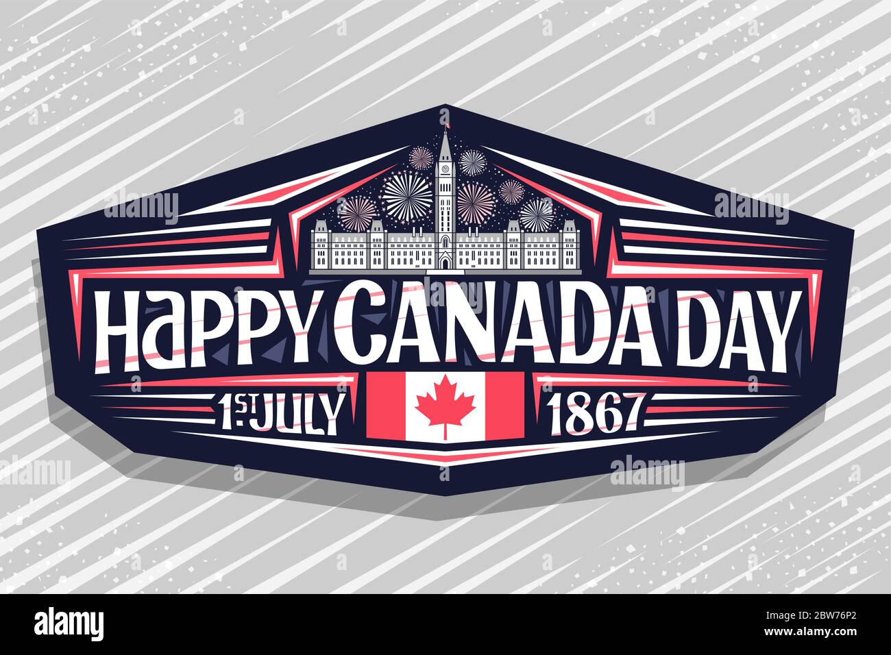Vector logo for Canada Day, dark decorative signage with illustration of Parliament Hill in Ottawa and Canadian flag, unique letters for words happy c Stock Vector