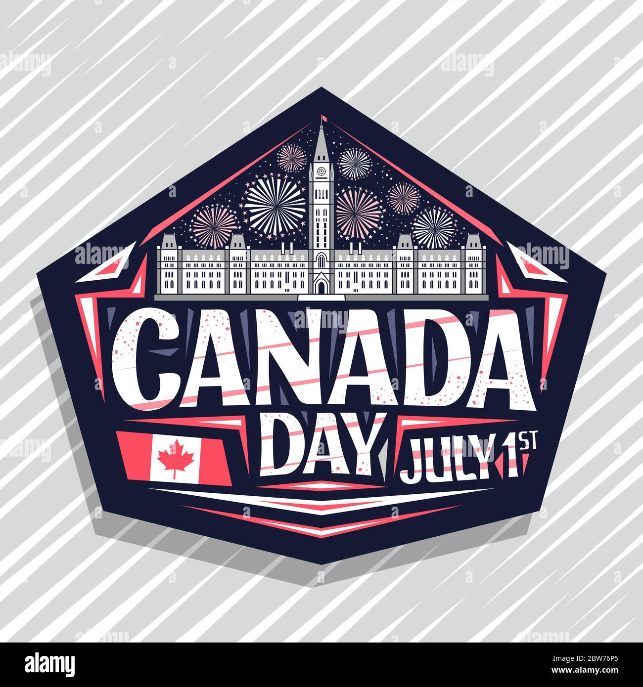 Vector logo for Canada Day, dark decorative stamp with illustration of Parliament Hill in Ottawa and Canadian flag, unique letters for words canada da Stock Vector