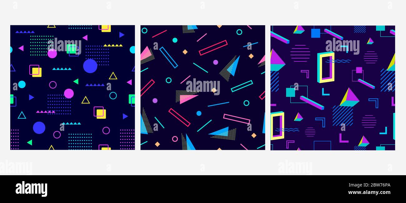 Geometric memphis trendy 3d background seamless pattern set. Pattern ...