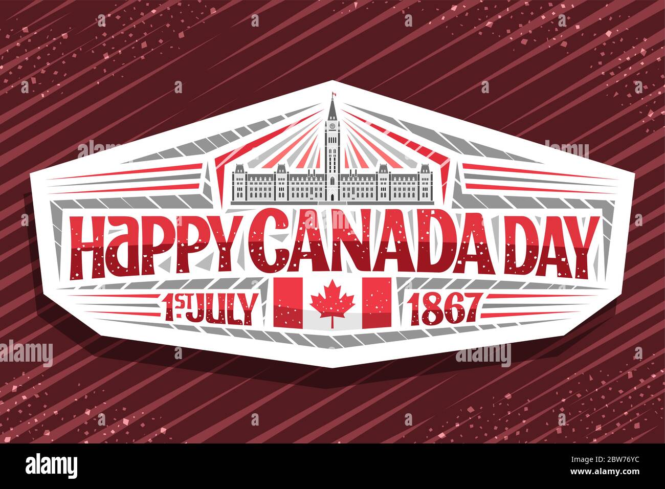 Vector logo for Canada Day, decorative cut paper stamp with illustration of Parliament Hill in Ottawa and Canadian flag, unique letters for words happ Stock Vector