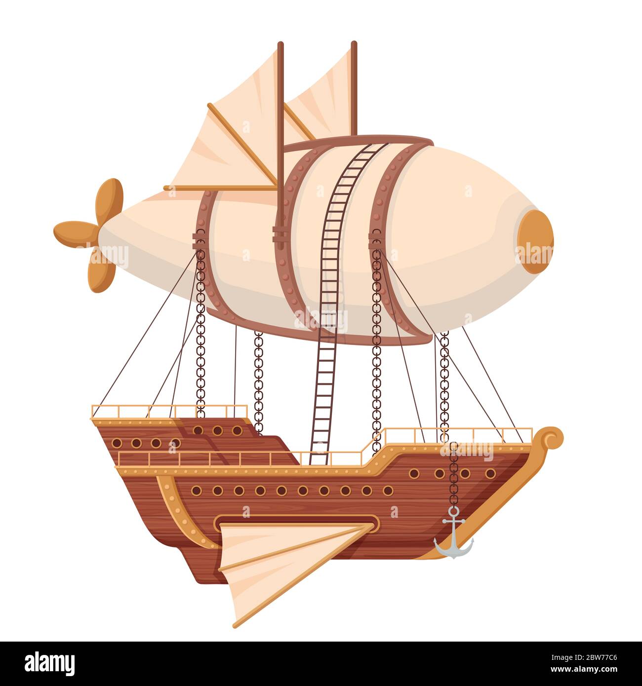 Flying ship airship. Futuristic ship with wings and balloon in technopunk style. Stock Vector