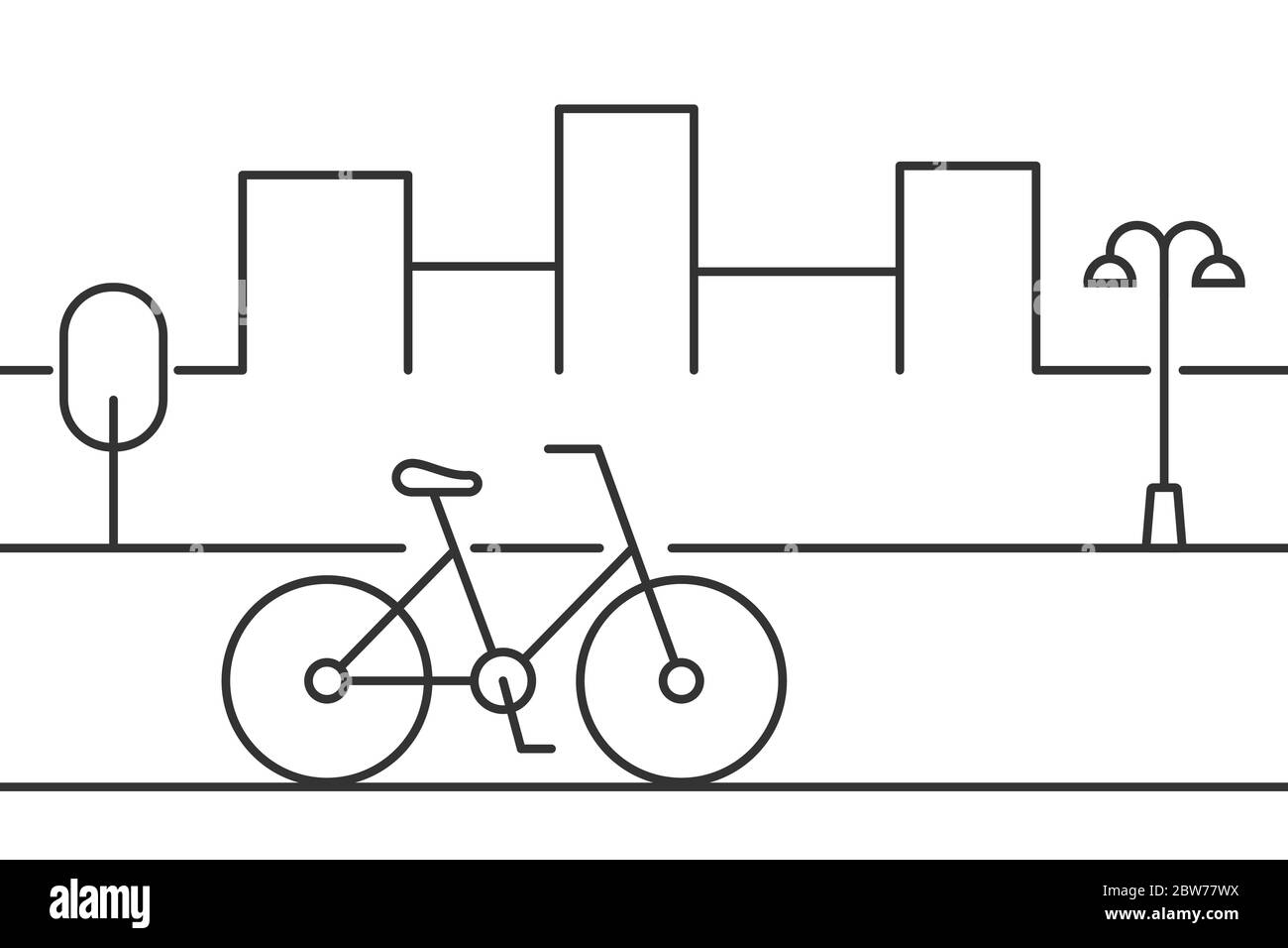 Bicycle in the street with cityscape, lamppost and tree. Thin line icon. Urban transportation concept. City bike for rental tours. Black outline Stock Vector